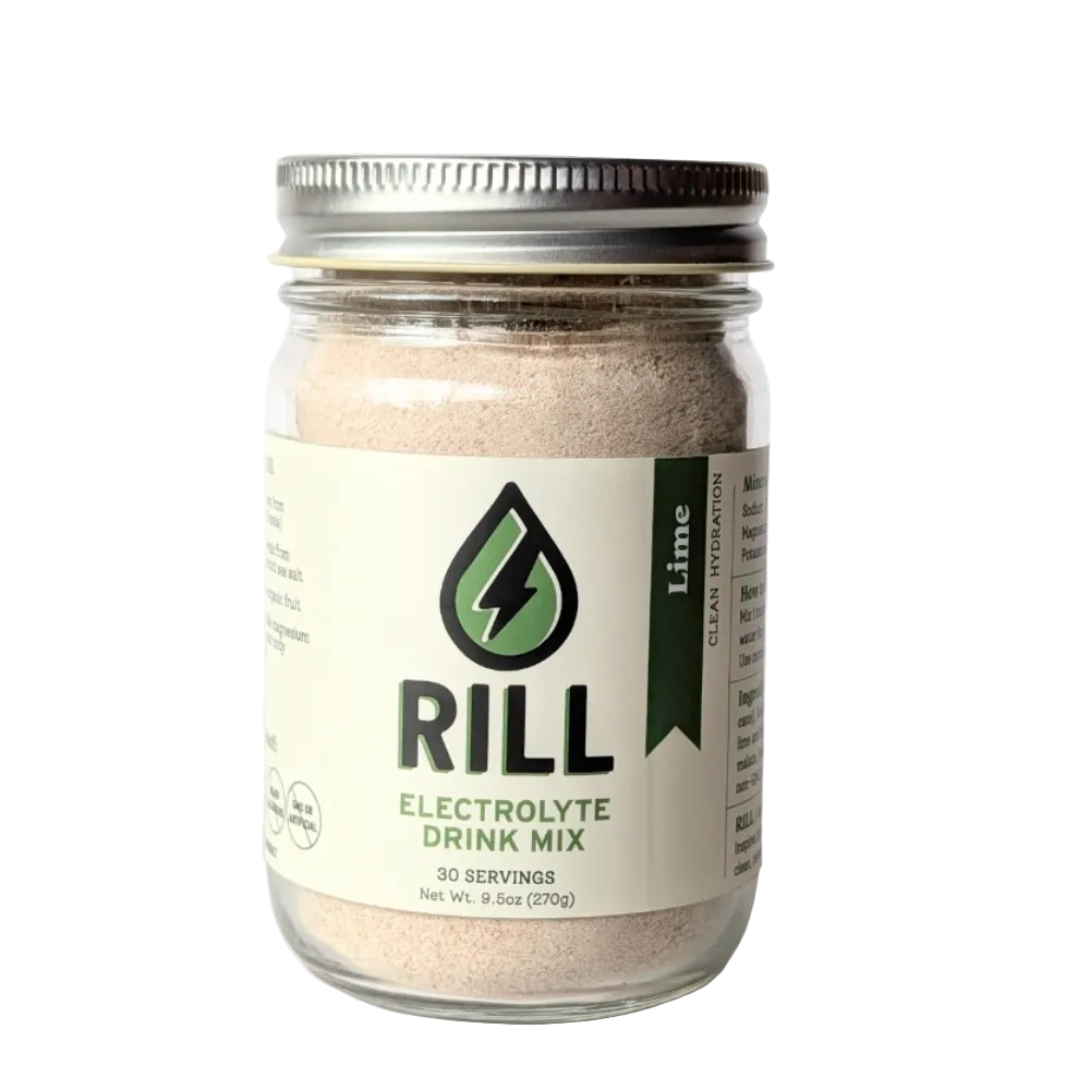 Jar of Rill Hydration Electrolyte Drink Mix in Lime flavor against a white background 