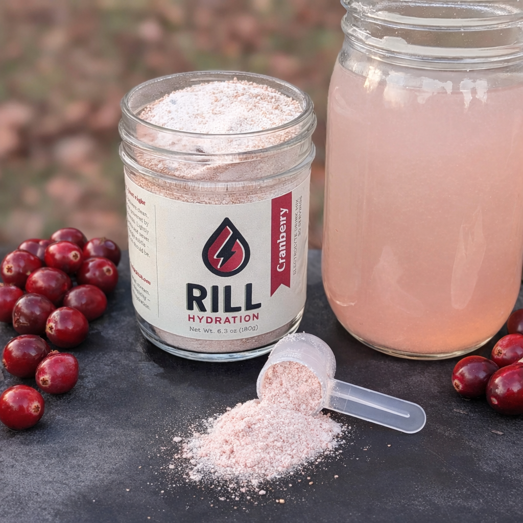 RILL Hydration cranberry powder jar with a scoop, cranberries, and a pink drink on a dark surface.